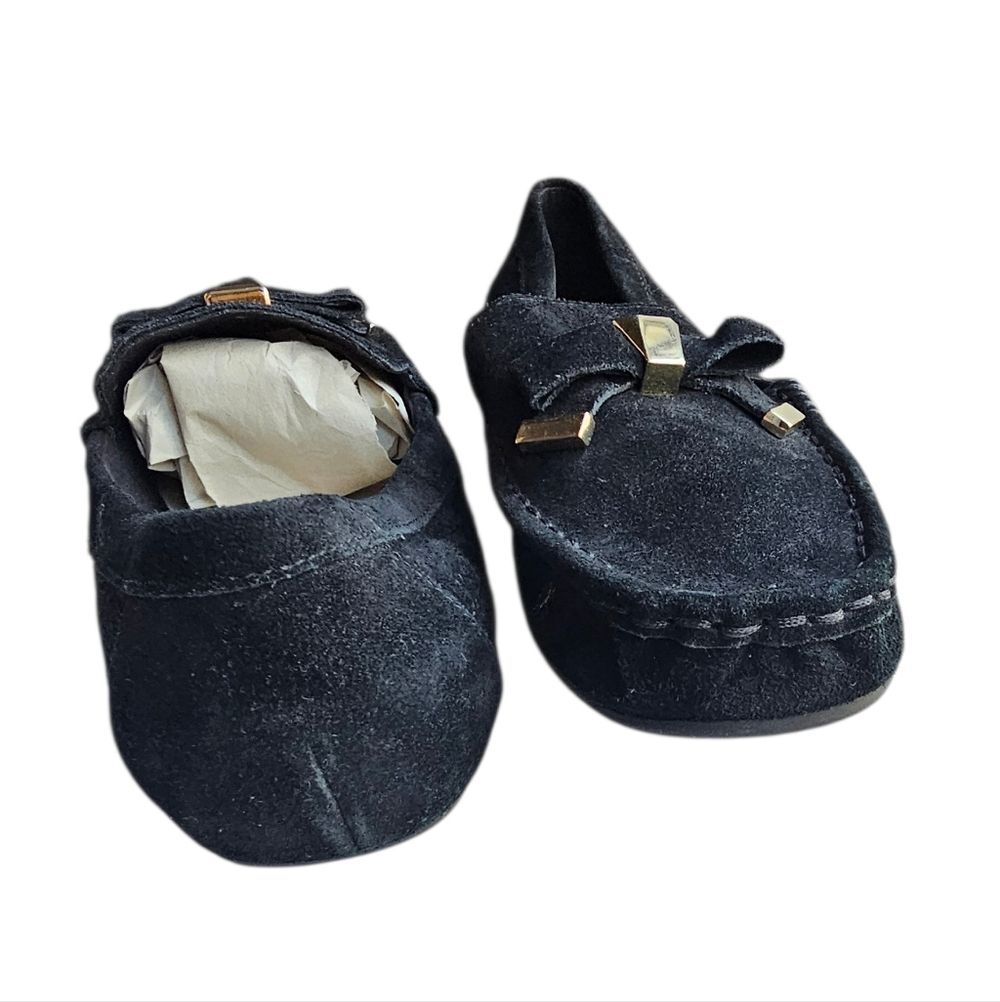 Isaac Mizrahi Black Suede Loafers with Gold Accents - Picture 3 of 7
